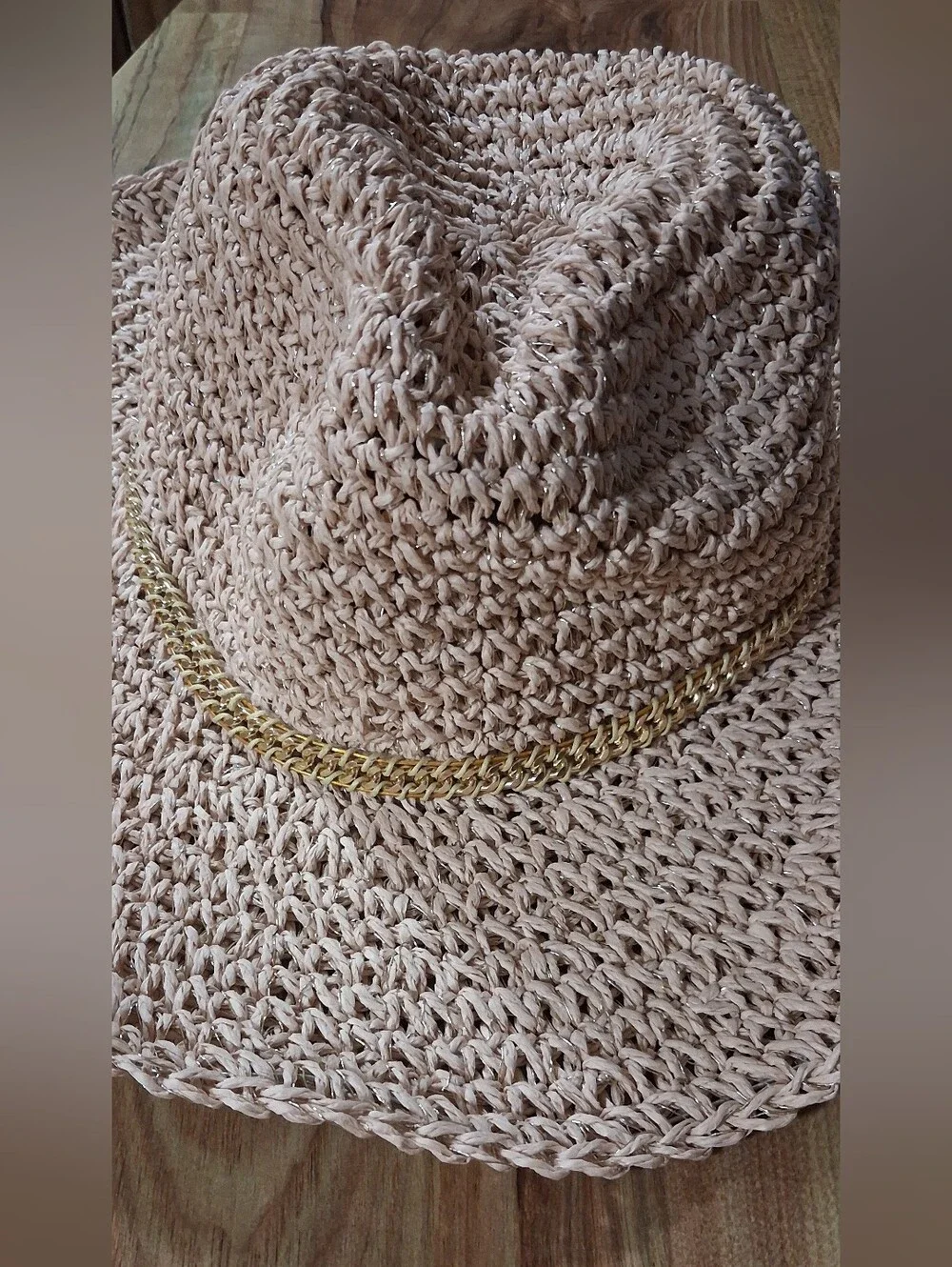 Able Beige Crochet Fedora with Gold Chain Trim